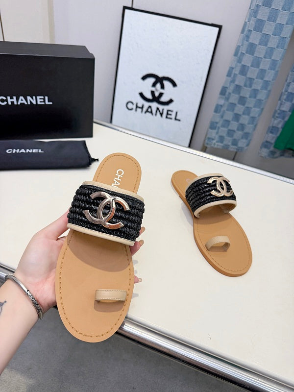 Chanel CC Logo Woven Raffia Toe-Ring Flat Sandals