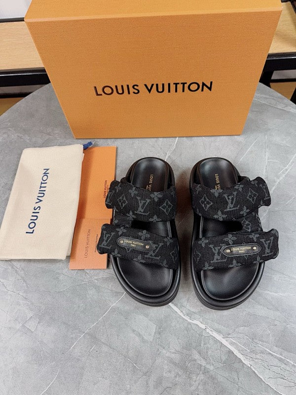 Louis Vuitton Monogram Denim Two-Strap Platform Slide Sandals