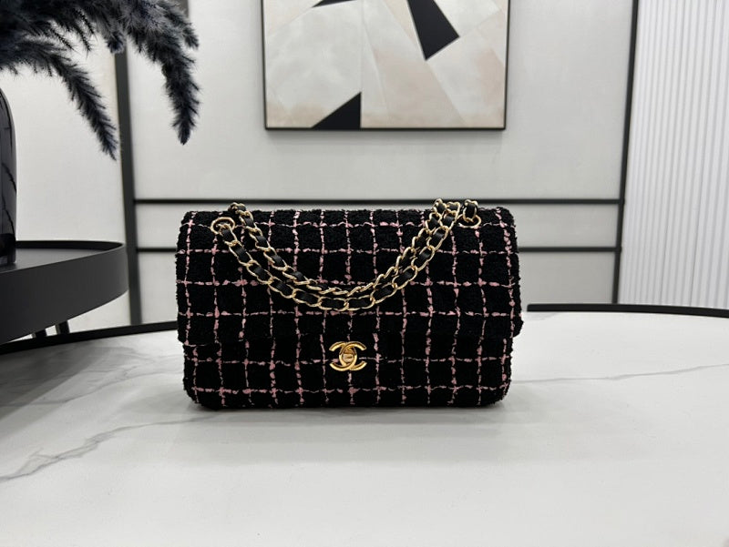 Chanel Black & Pink Tweed Classic Flap-Style Bag