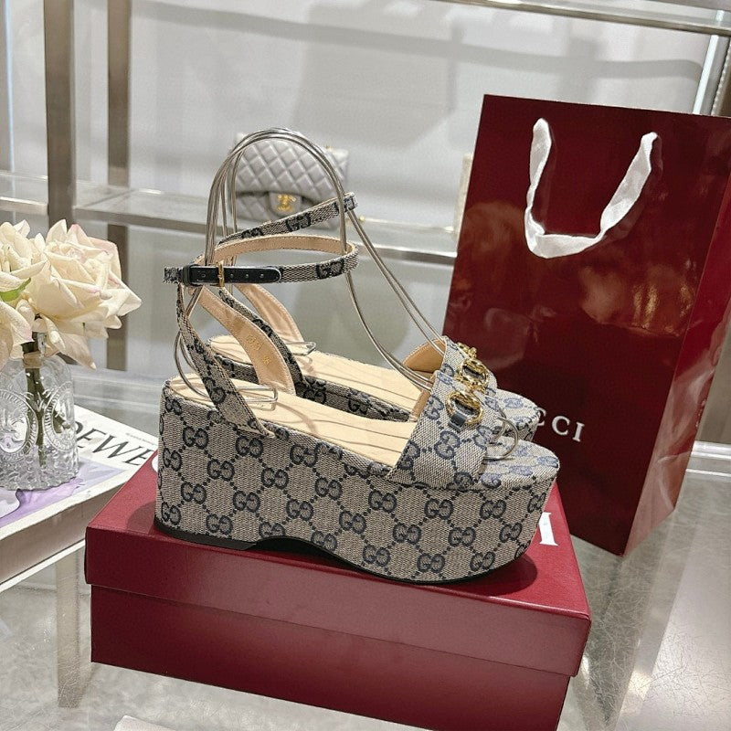 Gucci GG Supreme Horsebit Platform Wedge Sandals