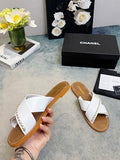 Chanel CC Logo Chain-Trim Crisscross Slide Sandals