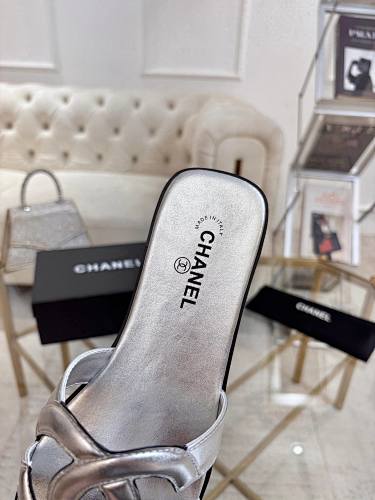 Chanel CC Logo Metallic Silver Leather Slide Sandals
