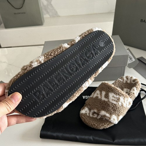 Balenciaga Allover Logo Furry Slide Sandals