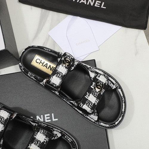 Chanel CC Logo Tweed Double-Strap Slide Sandals