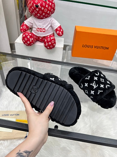 Louis Vuitton Monogram Shearling/Faux-Fur Pool Slides