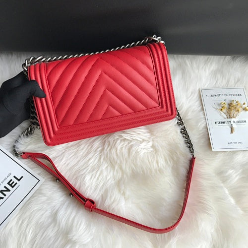 Chanel Red Chevron Quilted Boy Bag