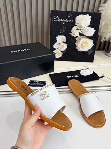 Chanel CC Logo Chain-Trim Slide Sandals