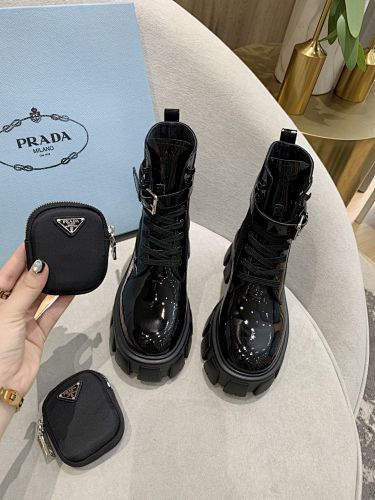 Prada Monolith Patent Leather & Re-Nylon Combat Boots