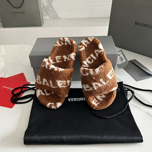 Balenciaga Allover Logo Furry Slide Sandals