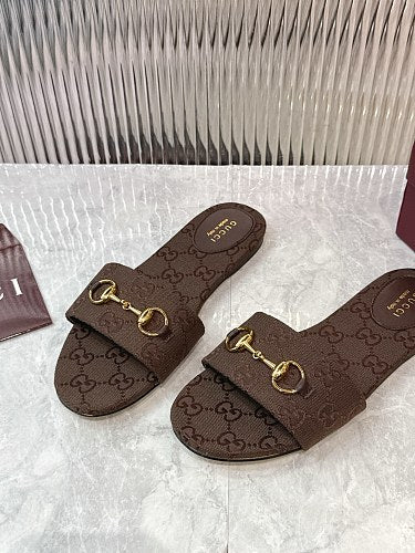 Gucci GG Monogram Horsebit Flat Slide Sandals