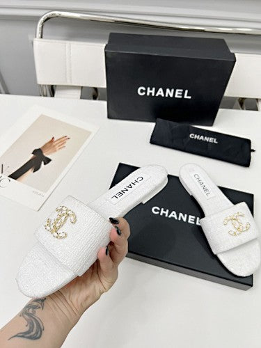 Chanel CC Chain Tweed Flat Slide Sandals
