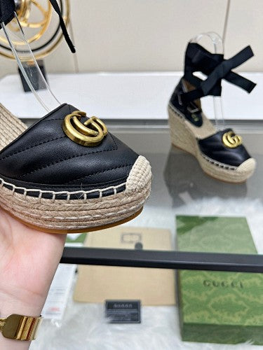 Gucci Marmont Matelassé Leather Platform Espadrille Wedges