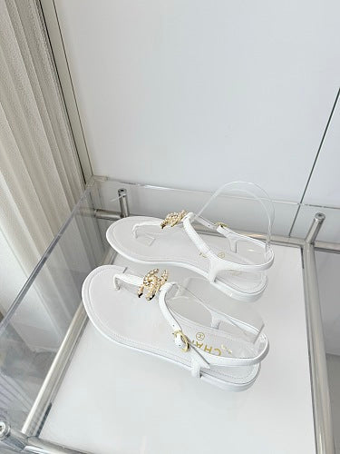Chanel White CC Thong Slingback Sandals