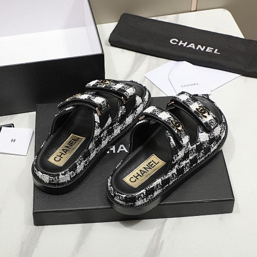 Chanel CC Logo Tweed Double-Strap Slide Sandals