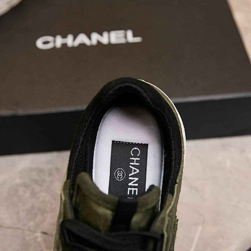 Chanel CC Logo Metallic Olive Green Runner Sneakers