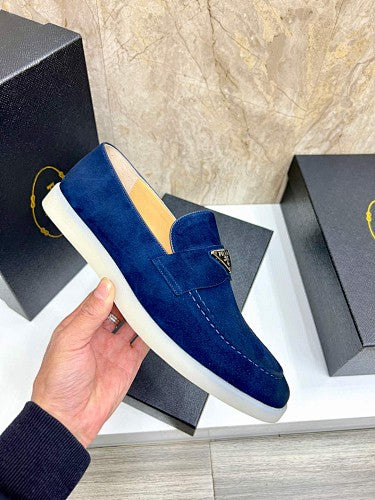 Prada Navy Blue Suede Triangle Logo Loafers