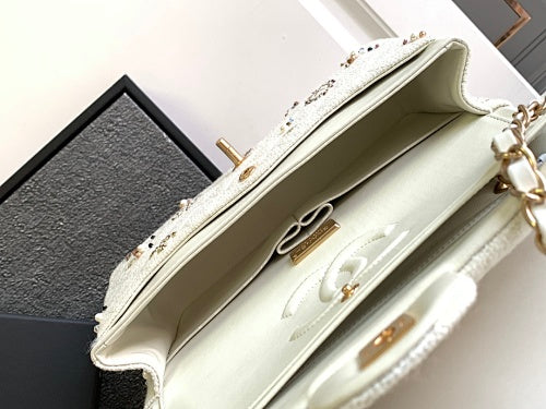 Chanel Ivory Tweed Embellished Classic Flap-Style Bag