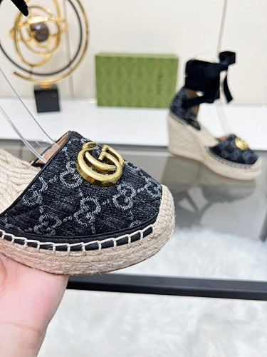 Gucci GG Denim Double G Platform Espadrille Wedges