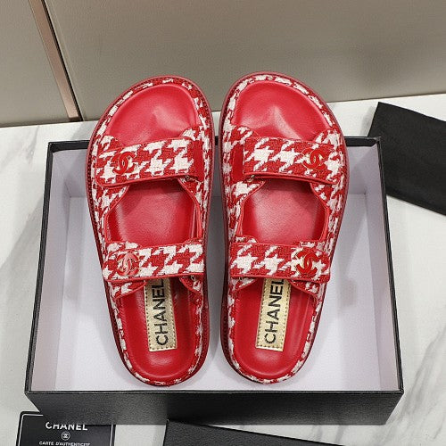Chanel CC Logo Houndstooth Double-Strap Slide Sandals
