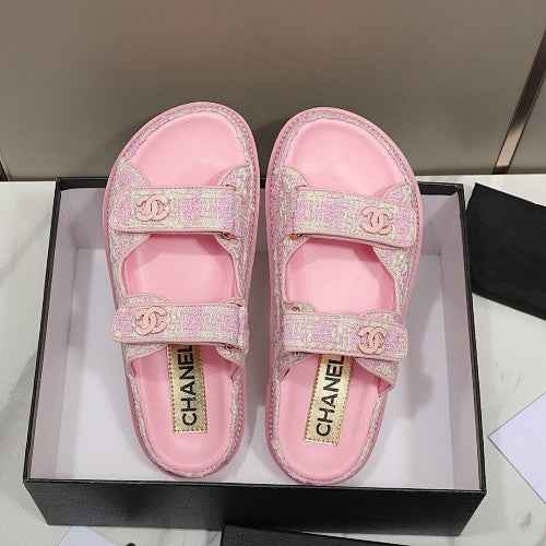 Chanel CC Logo Tweed Double-Strap Slide Sandals
