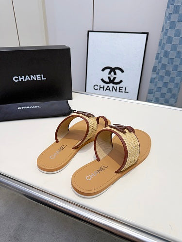 Chanel CC Logo Raffia Toe-Ring Sandals