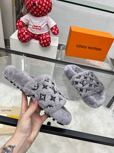 Louis Vuitton Monogram Shearling/Fur Slides