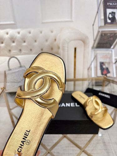 Chanel CC Logo Metallic Gold Leather Slide Sandals