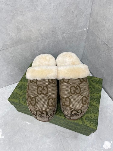 Gucci GG Canvas Shearling-Lined Mule Slippers