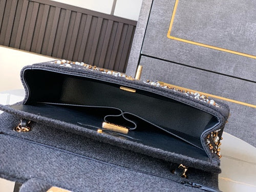 Chanel Black Tweed Pearl & Crystal Embellished Flap Bag