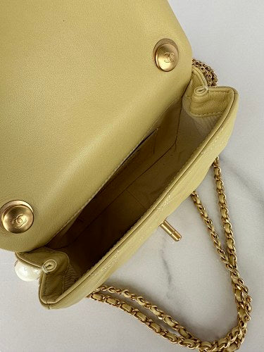Chanel Yellow Quilted Flap Bag with Pearl-Embellished Chain Strap