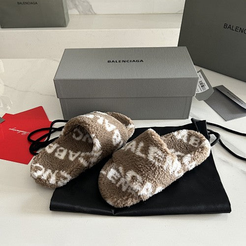 Balenciaga Allover Logo Furry Slide Sandals