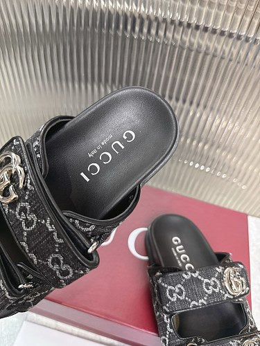 Gucci GG Denim Double-Strap Slide Sandals