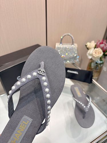 Chanel Pearl-Embellished CC Thong Sandals / Flip-Flops