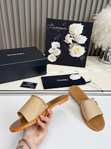 Chanel CC Logo Chain-Trim Slide Sandals