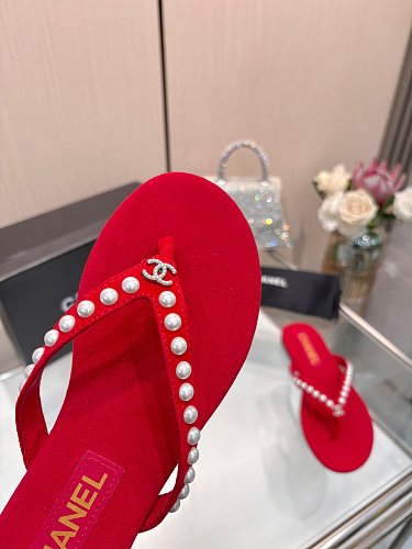 Chanel Pearl-Embellished CC Thong Sandals / Flip-Flops