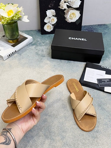 Chanel CC Logo Chain-Trim Crisscross Slide Sandals