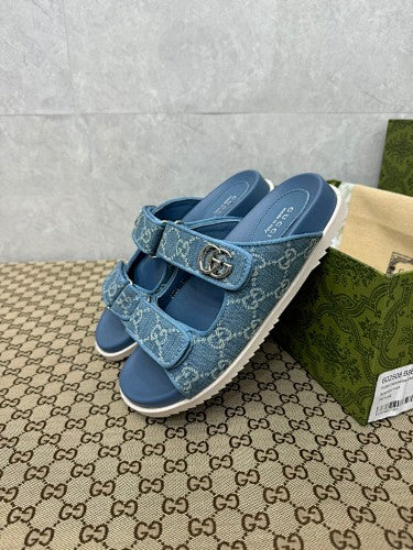 Gucci Double G Denim Jacquard Platform Sandals