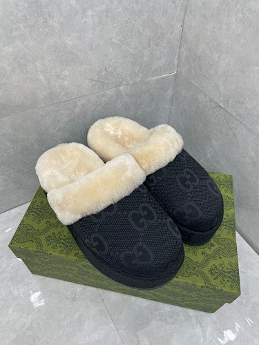 Gucci Black GG Canvas Shearling-Lined Mule Slippers