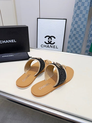 Chanel CC Logo Woven Raffia Toe-Ring Flat Sandals