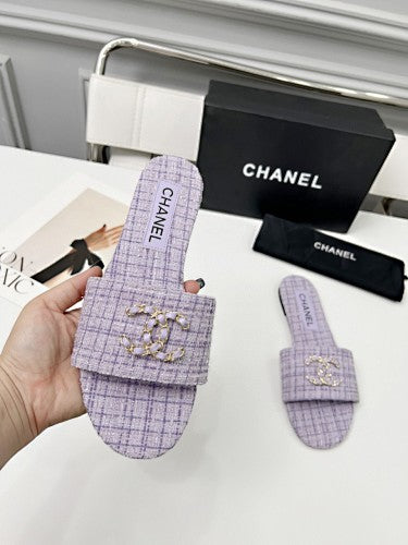 Chanel CC Chain Tweed Flat Slide Sandals