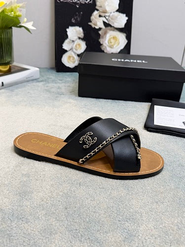 Chanel CC Logo Chain-Trim Crisscross Slide Sandals