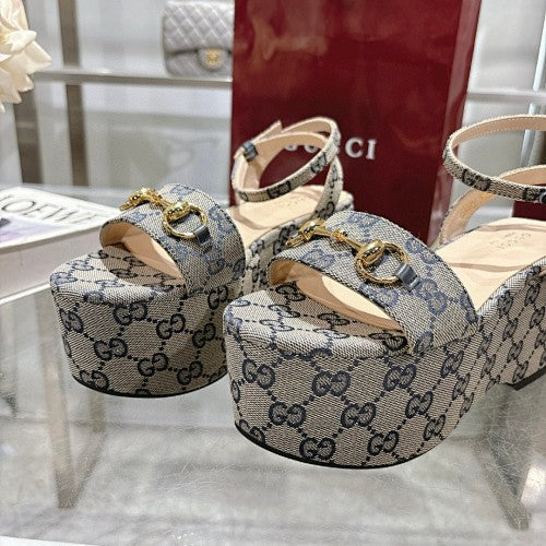 Gucci GG Supreme Horsebit Platform Wedge Sandals