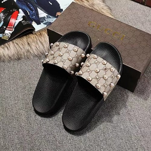 Gucci GG Supreme Pearl-Embellished Slide Sandals