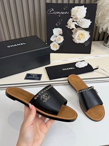 Chanel CC Logo Chain-Trim Slide Sandals