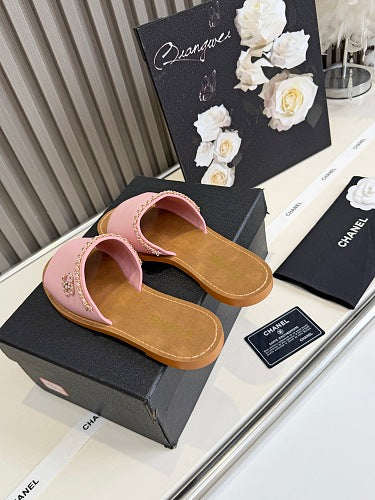 Chanel CC Logo Chain-Trim Slide Sandals