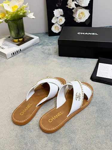 Chanel CC Logo Chain-Trim Crisscross Slide Sandals