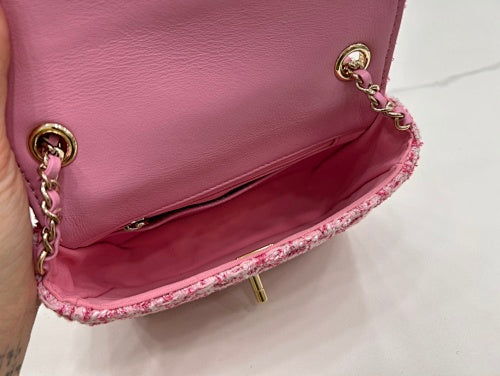 Chanel Pink Tweed Mini Flap Bag with Charm Chain Strap