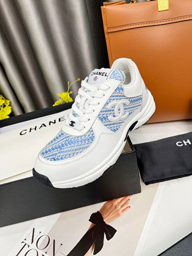 Chanel CC Logo Low-Top Sneakers – White & Blue Tweed