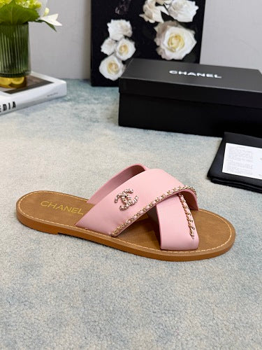 Chanel CC Logo Chain-Trim Crisscross Slide Sandals