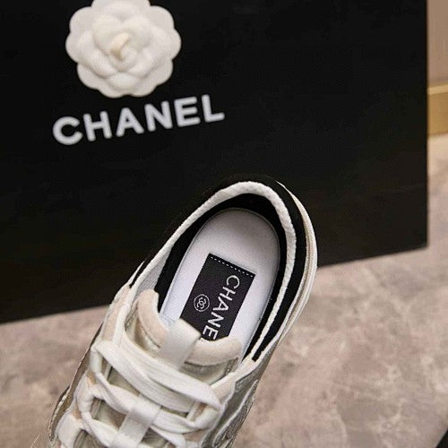 Chanel CC Metallic Silver & White Low-Top Runner Sneakers